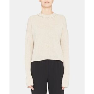 Theory Ecru Melange Beige Cashmere Ribbon-Trim Cropped Sweater NWT Size XXL
